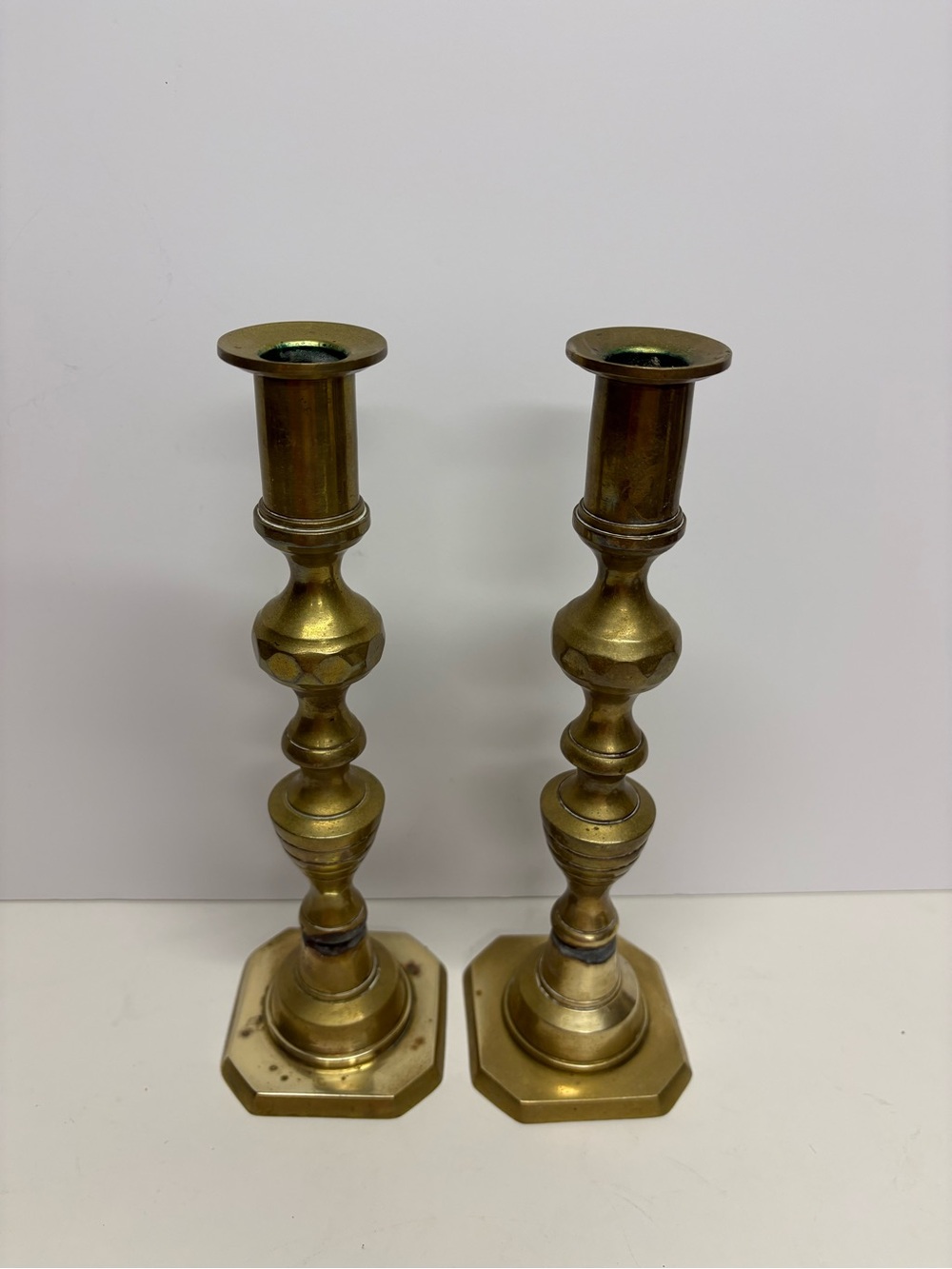 Vintage VictorianPair Brass Candle Stick Holders Octagonal Base 10”